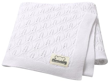 mimixiong Coperta per bambini lavorata a maglia in cotone 100% per, 100 x 80 cm (Bianco)