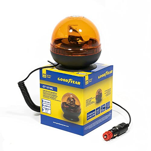 Goodyear - Luz Estroboscópica Ámbar H1 Homologada CE GY101WL – Rotativo de Advertencia 24W 12-24V IP67 – Fijación Magnética y Conexión Mechero para Tractores, Coches y Vehículos de Emergencia