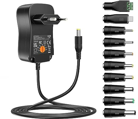 Zolt 36W Adaptateur Secteur Universel AC à DC 3V 4.5V 5V 6V 7.5V 9V 12V 3A Transformateur d'alimentation à Découpage avec 10 Connecteurs DC pour électroniques, 3000mA Max.