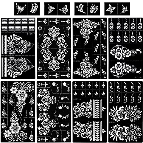 HOWAF 9 Fogli Stencil Tatuaggio Temporaneo, Tatuaggi Temporanei Stencil Riutilizzabili tencil Tatuaggio Glitter Corpo Tatuaggio Stencil per Donne Mani Dita Bambini Adulti Henna Templates