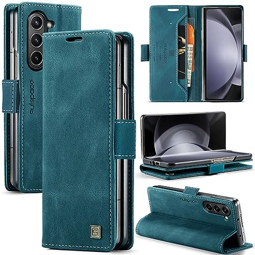 EYZUTAK Wallet Case for Samsung Galaxy Z Fold 5, Retro Matte Premium Protective Leather Case 2 Card Cash Slot with RFID Blocking Viewing Stand Magnetic Closure TPU Shell Flip Cover - Blue