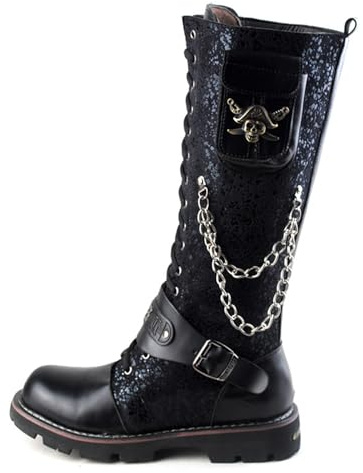 DJFOG Bottes occidentales pour Hommes, Bottes de Pirate médiévales, Bottes de Moto de Style Punk, Bottes de Combat Militaires à Lacets avec chaîne en métal, Bottes Gothiques rétro,Noir,44 EU