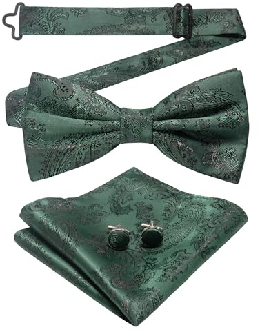 JEMYGINS Herrfluga med cashewblomdesign retrodesign med manschettknappar och näsduk, Mörkgrön, M