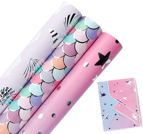 Set of 3 Mermaid Wrapping Paper Roll (43cm x 3M), Pastel Rainbow Girls Happy Birthday Gift Wrapping Paper, Present Gift Wrap for Women Girls Mother's Day, Easter, Party, Wedding, Festival, Baby Shower