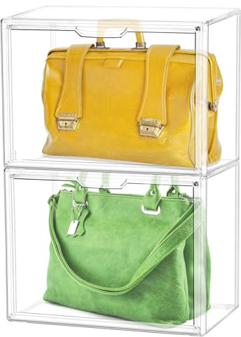QWORK® 2 Packs Clear Display Box, Handbag Storage, Stackable Storage Organizer, For Handbag, Shoes,Toys, Shoulder Bag, 36X22X27cm