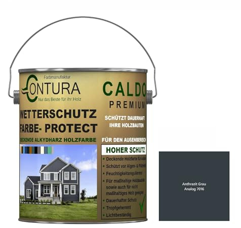 Contura Wetterschutzfarbe 1 Liter Holz Dauerschutzfarbe Deckend Buntlack Holzfarbe Holzlasur Seidenmatt (Anthrazitgrau - RAL 7016 Analog)