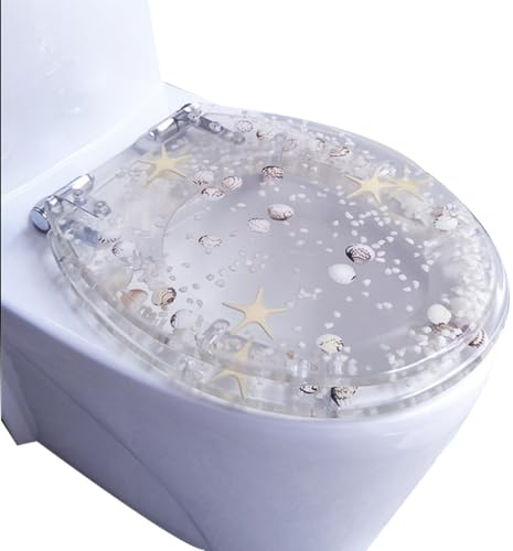 Seepferdchen-Toilettensitz aus Polyresin, rund, Absenkautomatik, Schnellverschluss, 3D-Effekte, robuste Toilettensitze, echte Blumen, Muscheln und Sande, WC-Sitzbezug aus Kunstharz – robust, mit Absen