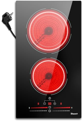 Vitroceramica 2 Fuegos 3200W, Placa Vitroceramica Con Enchufe, Cocina Eléctrica con Control de Doble Anillo, Configuración de 9 Niveles de Potencia, Cronómetro, Cerradura Infantil, Negro