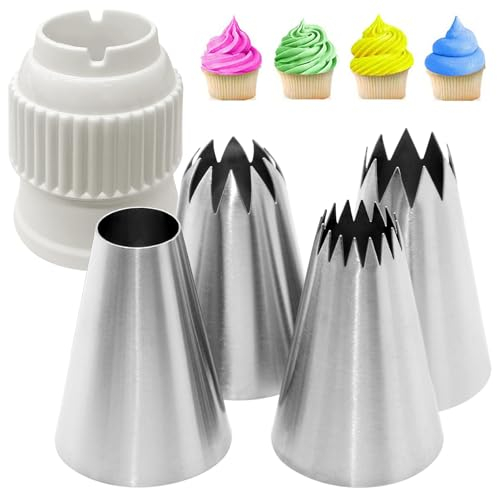 Kisvic Set di beccucci grandi con adattatore, 4 beccucci in acciaio inox antiruggine (XL) per sac à pochette, decorazioni per cupcakes torte, glassa, biscotti
