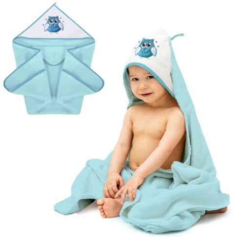 MEA BABY Handtuch mit Kapuze 100% Baumwolle 100x100 cm, Kapuzenhandtuch für Mädchen und Jungen, Weich und Super Saugfähig Babyhandtuch mit Kapuze, blau mit Eulen Druck