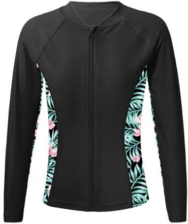 RUNQHUI Barn flicka anti-UV dragkedja badjacka baddräkt topp simning långärmad rashguard 5–16 år, svart, 11-12 �r