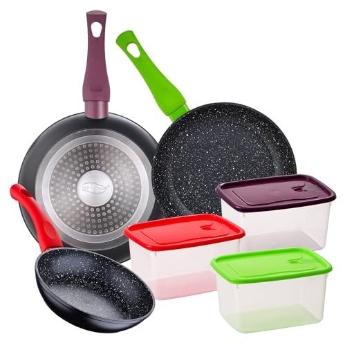 San Ignacio Juego de 3 sartenes 18/22/26 cm CON 3pc herméticos plastico 850 ml, Colección Jolie