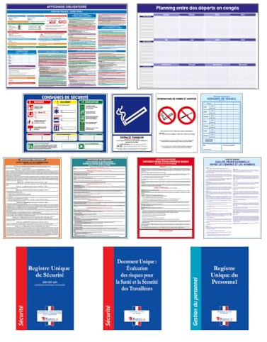 Affichages Obligatoires Entreprise. Panneau Code Du Travail. Consigne De Sécurité. Pack Affichage Réglementaire Entreprise. 10 Panneaux, 2 Registres, 1 Document Unique.