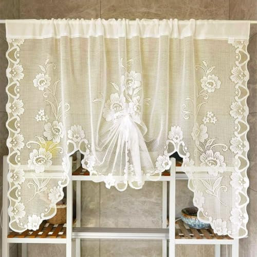 Lace Valances for Windows 1 Panel Semi-Sheer Net Curtains Rod Pocket Floral Patterned Boho Farmhouse Short Curtains Swag for Closet Kitchen Bedroom Living Room Cafe