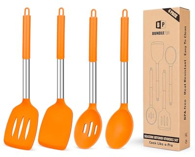 Pack of 4 Silicone Cooking Utensils Set, Non Stick Large Solid Spatulas, Heat Resistant Slotted Spoons, Ideal BPA Free Kitchen Turners for Frying, Mixing,Serving,Draining,Turning,Stirring (Orange)