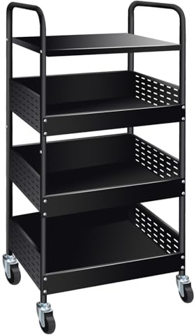 STABLE 4-Tier Rolling Utility Cart, Heavy Duty Metal Storage Organizer with Lockable Wheels, Kitchen Cart for Pantry, Bathroom, Office, Garage, Black – Sturdy Wire Shelf & Durable Steel Frame