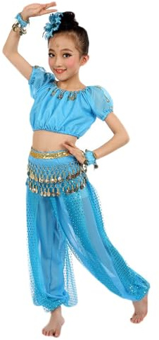 Traje Danza del Vientre Niña India Bollywood Disfraz 5 Piezas Disfraz de Carnaval Trajes de Danza del Vientre con Lentejuelas Niña Baile Disfraces para Espectáculos Escolares