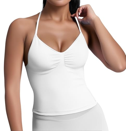 Débardeur sport avec brassière intégrée femme rembourré debardeur gainant femme ventre plat slim fit caraco amincissant col halter sexy dos nu t-shirt sans manches basique ete tops (White, S)
