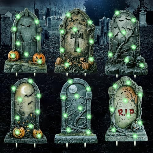 Decoracion Halloween Exterior Tumbas, 6 Piezas LED Tumbas Halloween, Lápidas Halloweens con 6 Piezas de Cadena de Luces de 3m, Halloweens Decoracion Lapidas para Jardín, Fiesta, Casa Embrujada