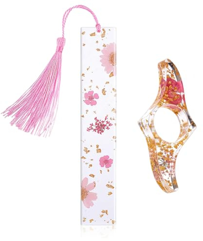 JYNVO Lot de 2 Ensemble support de page et marque-page en résine, Marque page en Résine, Marque-Page Fleurs Sechees Transparente avec Gland, Signets Fleurs Pressées, pour les amateurs de lecture