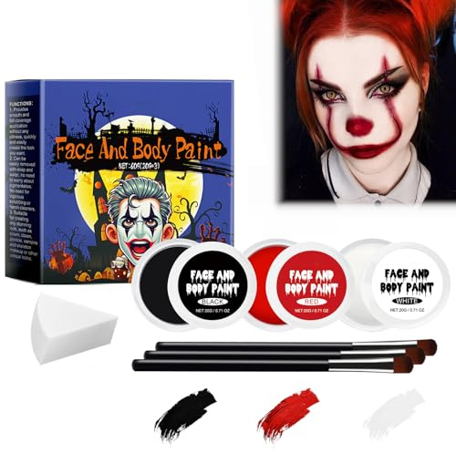 Lot de 3 couleurs pour le corps, noir, blanc, rouge, avec éponges et pinceaux, rendu des couleurs élevé, maquillage de théâtre, pour Halloween, carnaval, cosplay, effets spéciaux