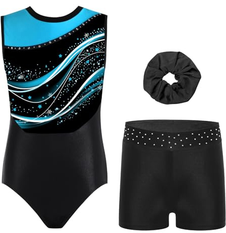 Aislor Ragazze Ginnastica Leotards Body Danza Balletto Senza Manica Bodysuit Monopezzo Sportivo con Pantaloncini e Fascia Strass Abito da Pattinaggio Artistico Azzurro 9-10 anni