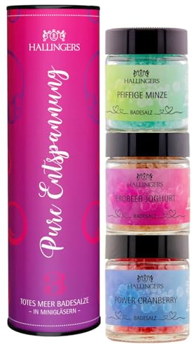 Hallingers Genuss Manufaktur Badesalze Geschenk-Set - 3x Badezusatz mit Totes Meer Badesalz edle Geschenkdose, Badekristalle Fußbad & Spa Pure Entspannung, Geschenkidee für Frauen Freundin