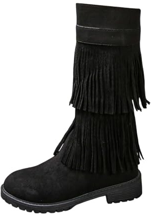 Generisch Bottes d'hiver hautes pour femme avec franges - Semelle plate - Bottes élégantes à franges - Bottes de cowboy avec talon - Bottes d'extérieur rétro western - Bottines en daim, Noir , 41 EU