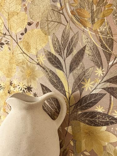 Newroom Carta da Parati Tessuto Non Tessuto Ocra Fiori - Vintage Floreale Foglie Naturale per Soggiorno Camera da Letto
