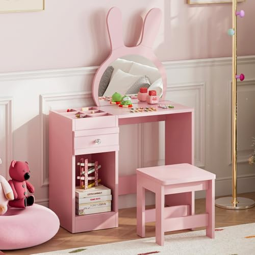 Luxstein Kids Dressing Table with Stool, Girls Vanity Table, Bunny Ear Mirror, 1 Drawer, 6 Storage Cubbies & 1 Open Shelf, Wooden Makeup Desk for Ages 3-12 Years, Pink