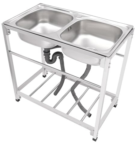 TFGXUE Fristående diskbänk med 2 handfat, rostfritt stål diskbänk med förvaring undertill, trädgård tvättställ 83 x 43 x 76 cm, utomhuskök väderbeständigt, silver