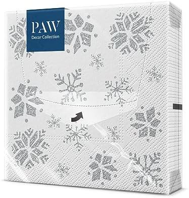 PAW - Serviette Papier - 3 Plis (33 x 33 cm) I Lot de 20 I Serviette de Table Papier avec un Motif de Noël, de Neige et d'étoiles I Décoration de Table Idéale pour Noël (Snowflakes silver)