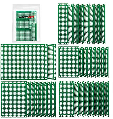 Chanzon 34-teilige doppelseitige Leiterplatte, verzinnt durch Löcher (5 Größen 2X8 3X7 4X6 5X7 7x9) Prototyp-Kit FR4 gedruckte Universal-Leiterplatte für DIY-Lötprojekte Kompatibel mit Arduino-Kits