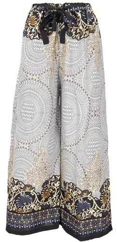 GURU SHOP Palazzohose, Schlaghose, Boho Sommerhose, Hippie Goa Hose - Weiß/schwarz, Damen