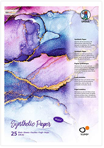 Ursus 16264000 - Yupo Synthetic Paper, DIN A3, 25 Blatt, 85 g/qm, synthetisch, Glatte Oberfläche, reiß-und wasserfest, UV lichtecht, extrem strapazierfähig, 100% recyclebar, vielseitig verwendbar