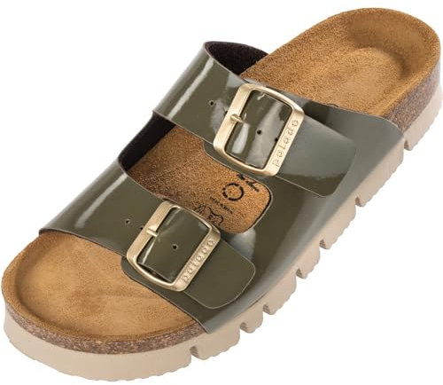 Palado Pantoletten Damen Korfu PL Lack - gefertigt in Spanien - edles Lack-Design - Veloursleder-Decksohle - bequemes Weichfußbett - Plateau-EVA-Sohle Olivegrün UK8 - EU41