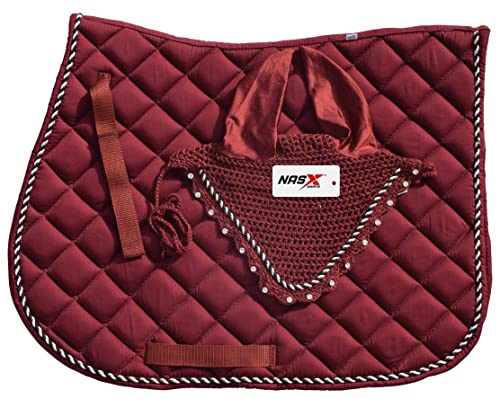 Saddle Pads with Matching Diamante Set Fly Veil Bonnet Ear bonnet Padded Numnah (COB, Burgundy)