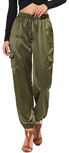 Allegra K Pantalones Cargo de satén Sedoso de Tiro Alto elástico con cordón para Mujer Verde XS