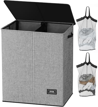 SOLEDI Double Laundry Basket with Lid, Washing Basket with Removable Laundry Bags, 145L Large Storage Baskets Laundry Hamper, Collapsible Laundry Baskets Washing Baskets for Laundry -Grey