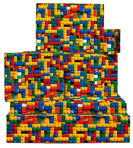 Papel de regalo de bloques de construcción - 6 hojas de papel de regalo de cumpleaños colorido - Para niños, niñas - Fiesta de cumpleaños - Viene con pegatinas - Por Central 23