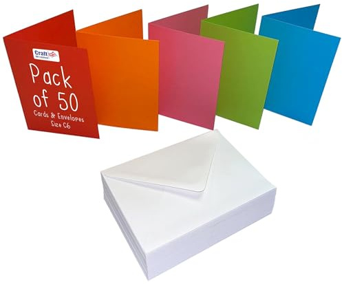 Craft UK 2483 C6 Card and Envelope Pack of 50 - Mixed Colours White Envelopes