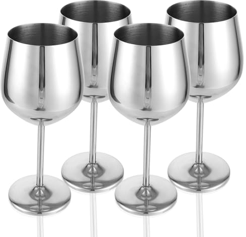 Oungy 4 Stück Edelstahl Weingläser, 530 ml Weinglas Edelstahl Rotweingläser für Partys, Edelstahlen Wine Kelch mit Stiel Camping Weingläser für Hausbar, Hochzeit, Jahrestag, Geburtstagsfeier (Silber)