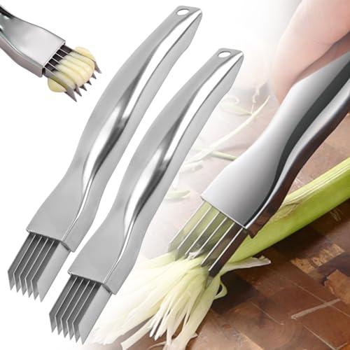 Shred Silk The Knife, Nouveau 2024 Couteau à Oignon Vert Haché en Acier Inoxydable, Déchiqueteur Multifonctionnel pour Trancher les Aliments Ménagers (2pcs)