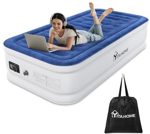 YITAHOME Luftbett Selbstaufblasend Einzel, Luftmatratze mit Integrierter Elektrischer Luftpumpe, Aufblasbare Matratze Bett mit Aufbewahrungstasche für Camping, Gästebett, 191x99x46cm (Blau & Weiß)