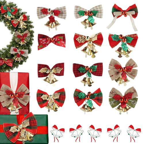 XIMEY Fiocchi di Natale, 12 Pezzi Mini Arco di Natale con Campanelle, Fiocco di Natale, fiocchi albero di Natale, Decorazioni Natalizie per Albero di Natale, Feste, Compleanni, Matrimoni