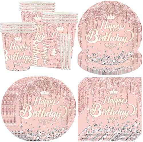 Bikasun Vajilla De Fiesta Oro Rosa, Juego de Vajilla Desechable Oro Rosa, 16 Invitados Cumpleaños Vajilla, Tazas, Servilletas, Platos de Papel, para Niña Mujer Fiesta de Cumpleaños