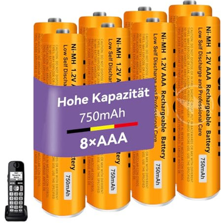 1.2V 750mah NI-MH AAA Rechargeable Battery for Panasonic BT, 8 Pack AAA rechargeable Batteries for Gigaset Cordless Phones