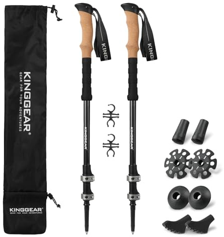 KINGGEAR TPC-3K 100% Carbon Fiber Trekking Poles for Hiking - Ultralight Collapsible Hiking Poles with Cork & EVA Foam Grips, Adjustable Metal Flip Locks, Tungsten Tips - Ideal Hiking