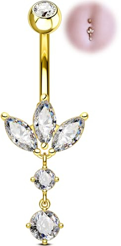 OUFER 14G Gold Belly Bar Stainless Steel 316L Dangle Lotus Belly Button Piercing Marquise CZ Navel Ring Hoop Body Piercing Jewellery for Women 10 mm