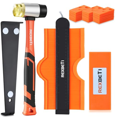 REXBETI 44-Piece Upgraded Laminate Wood Flooring Installation Kit with Solid Tapping Block, Long and Wider Pull Bar, Diameter 1 9/16 Reinforced Double-Faced Mallet, 10 Contour Gauge and 40 Spacers